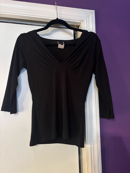 Wrapper Tops - Y2K Wrapper Black V-Neck 3/4 Sleeve Women's Top Curvy Slimming Look